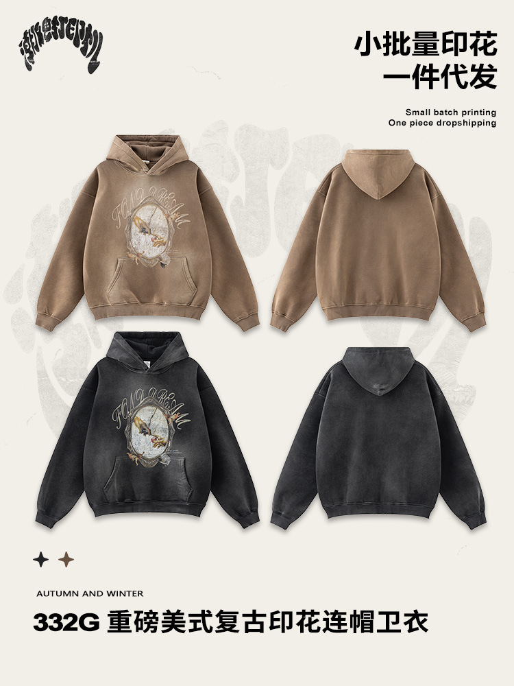 2025 otoño estilo de moda estadounidense impresión retro camiseta encapuchada chaqueta de hombre chaqueta de hombro suelta
