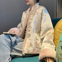 2025新款新中式国风提花缎面刺绣拼接水貂毛外套女秋冬高级感上衣