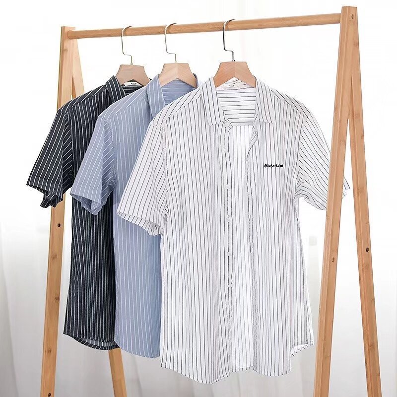 Japanese-Style Striped Embroidered Short-Sleeve Shirt for Men, Summer Casual Versatile Youth Half-Sleeve Loose Shirt Trendy