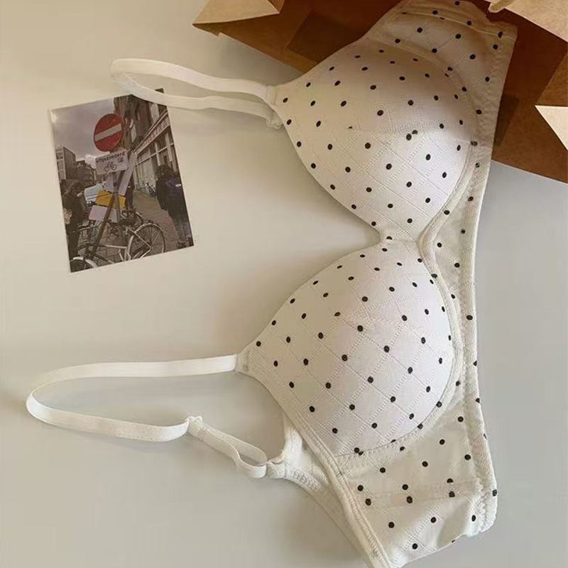 Retro Polka Dot Small Bust Push-Up Bra for Women, Thin, Breathable, Wire-Free, Anti-Sagging, Suitable for Students and High School Girls
