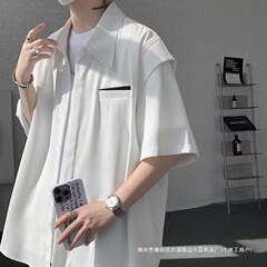 アイスシルククールシャツ半袖メンズ夏カップルシャツTシャツルーズフェイクツーピース五分袖ジャケットホワイト