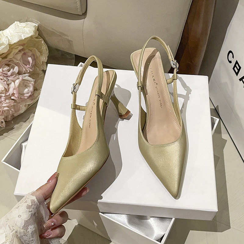 Giày sandal nữ bít mũi mũi nhọn gót mảnh quai ngang, gót 6–8 cm — Màu nâu, Màu trắng be, Màu vàng nhạt