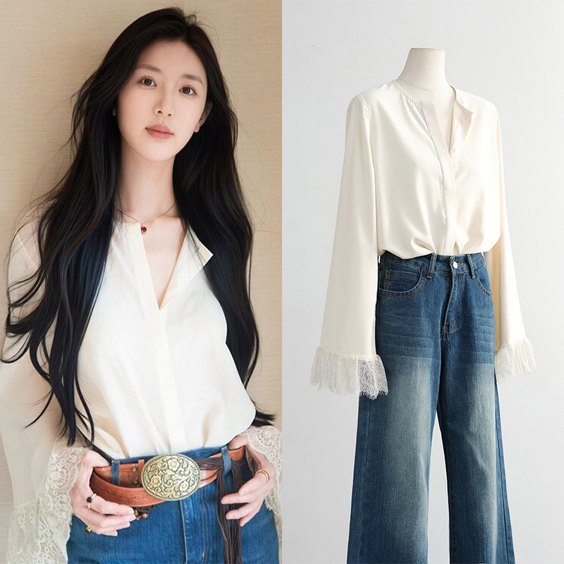 [in Stock] Li Meng Style High-End Fashionable Elegant Lace Patchwork Bell Sleeve Loose Casual Women's Shirt