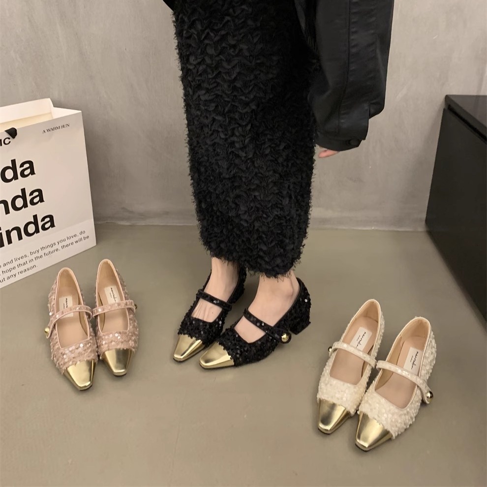 Chanel estilo tacones altos primavera y otoño tacón grueso noche lentejuelas zapatos de una sola capa zapatos de mujer estilo francés vestido negro Mary Jane zapatos