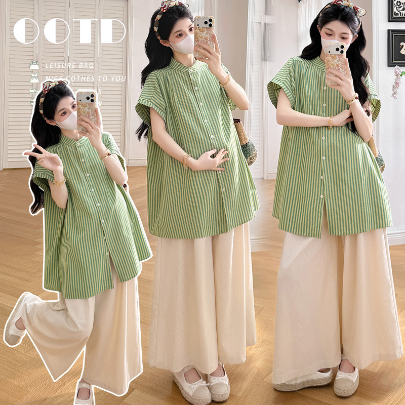 Korean-Style Loose Casual Striped Short-Sleeve Shirt and Cotton-Linen Wide-Leg Pants Set for Pregnant Women, Trendy Plus-Size Casual Slimming Outfit
