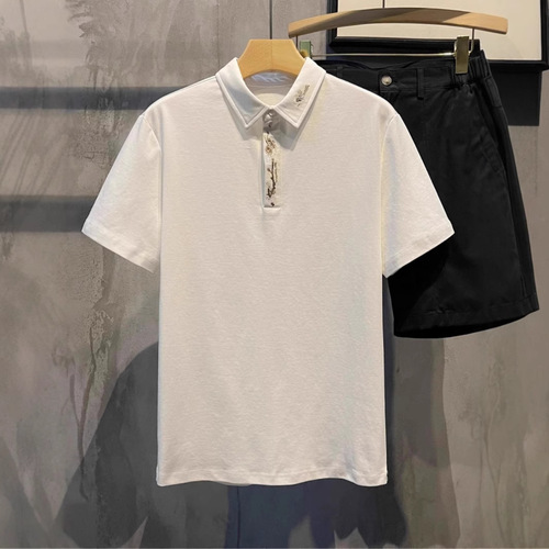 New Chinese-style plum embroidery stand collar men's casual summer short-sleeved top trendy 2025