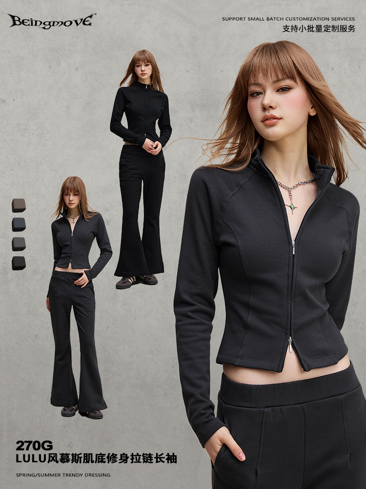Calle secada| 2025 otoño americano delgado cardigan con cremallera de manga larga chaqueta corta de hombro para mujeres