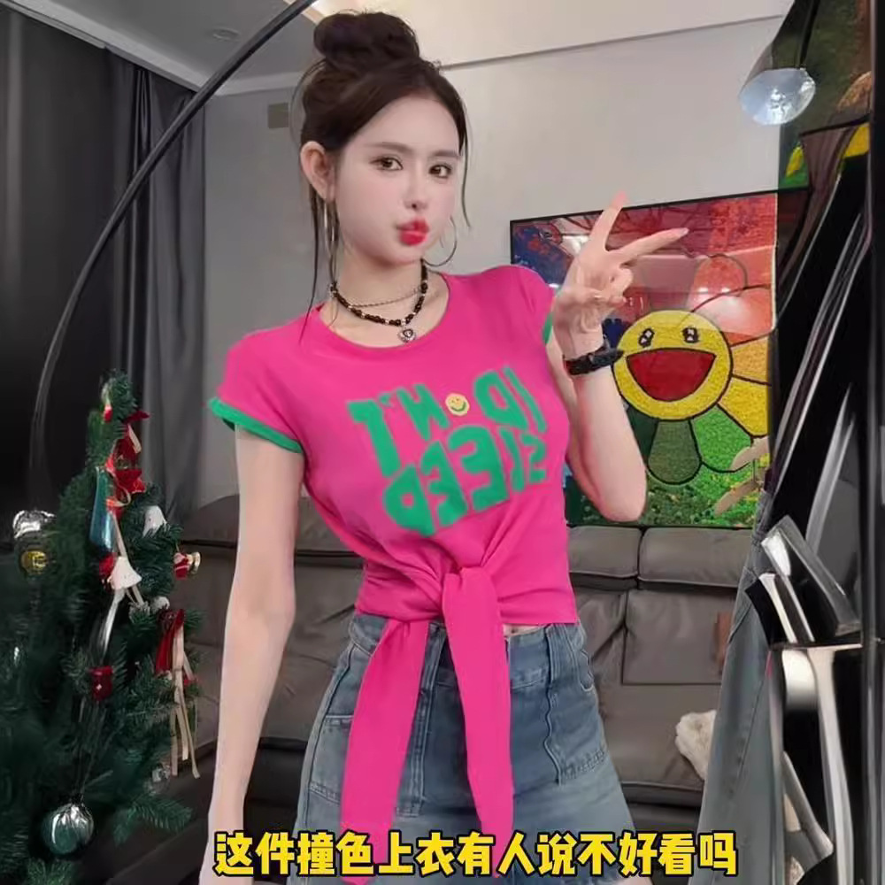 2024 verano cuello redondo color contraste dobladillo anudado camiseta de manga corta mujer nuevo estilo suelto y delgado moda talla grande top mujer