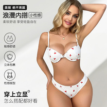 日系可爱樱桃印花薄膜杯女士内衣内裤清新少女聚拢文胸套装无钢圈