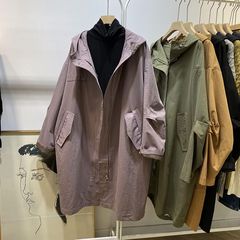 大码女装春秋季新款工装连帽风衣女小个子中长款外套女长袖上衣女