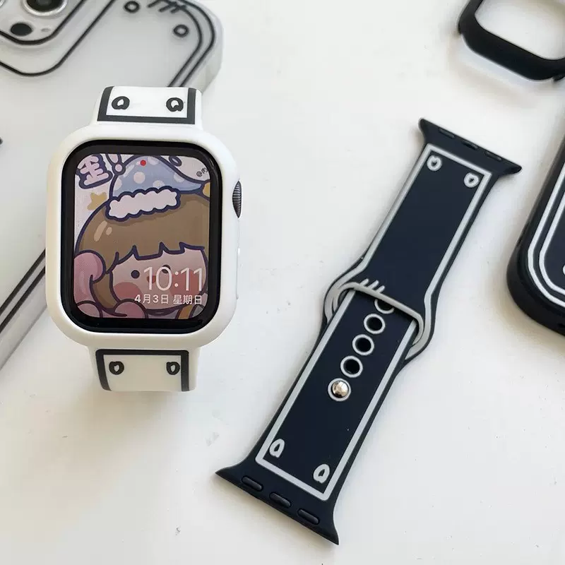 适用于applewatch8苹果手表iwatch7代漫画印花二次元黑白硅胶表带