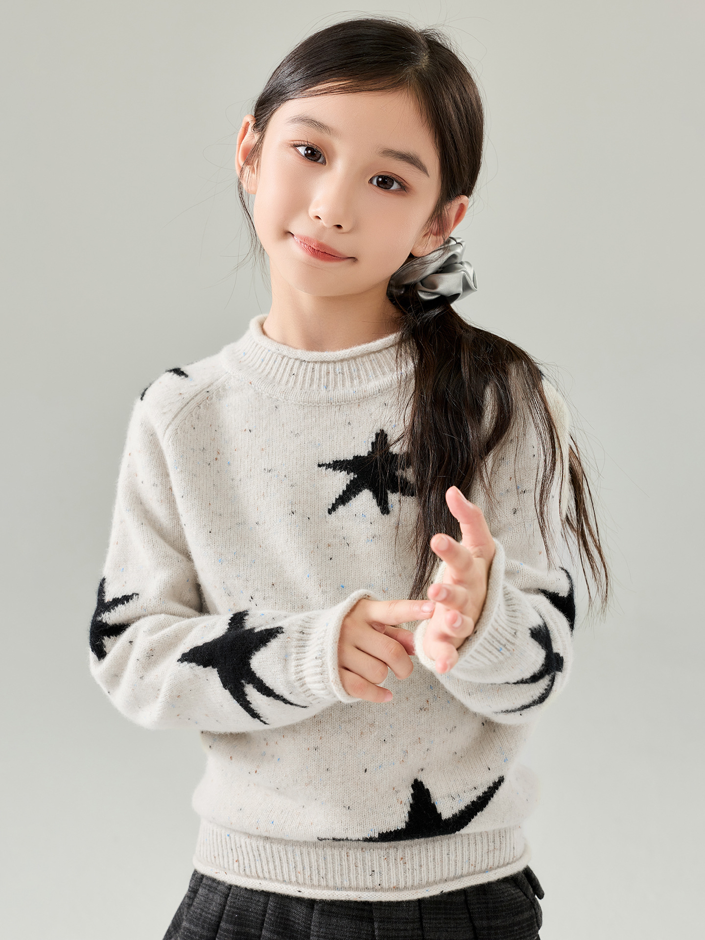 Children's pure wool polka dot knit sweater with star jacquard pattern, pullover with rolled collar, long-sleeved base layer top for boys and girls