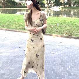 甜美南国晚风蝴蝶印花绑带夏季连衣裙2.0碎花女春方领泡泡长裙