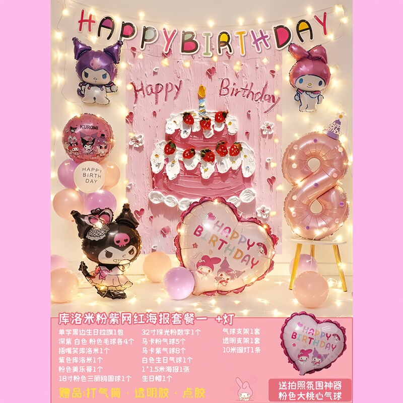 库洛米主题美乐蒂玉桂狗气球宝宝周岁女孩8岁生日派对布置背景墙|undefined