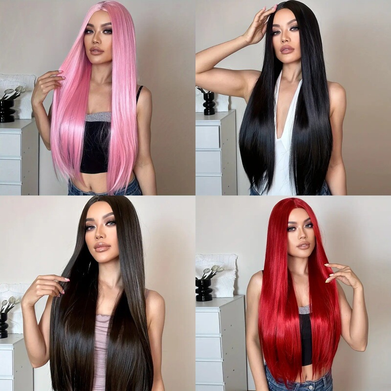 Temu Wig for Foreign Trade, Available in Multiple Colors, Middle-Parted Long Straight Hair for Women, Affordable Button Mesh Full Wig