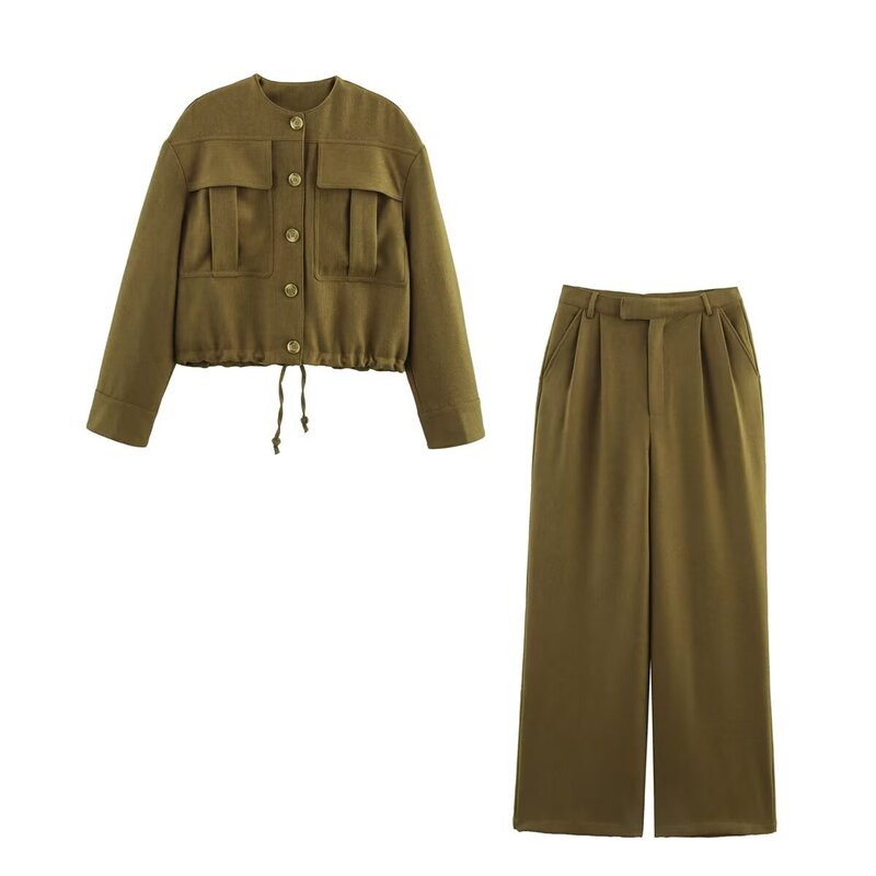 European and American Cross-Border Women's Clothing Wholesale Women's Blended Bomber Jacket High-Waisted Casual Pleated Pants Suit European and American Cross-Border Women's Clothing Wholesale Women's Blended Bomber Jacket High-Waisted Casual Pleated Pants Suit
