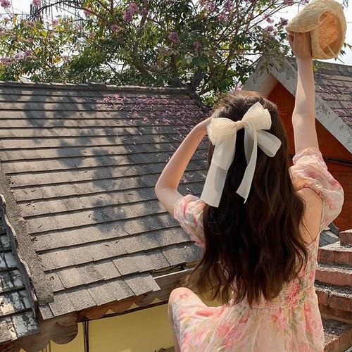 Mesh ribbon bow hairpin hairpin solid color bright silk fabric big bow spring clip cute girl hair accessories