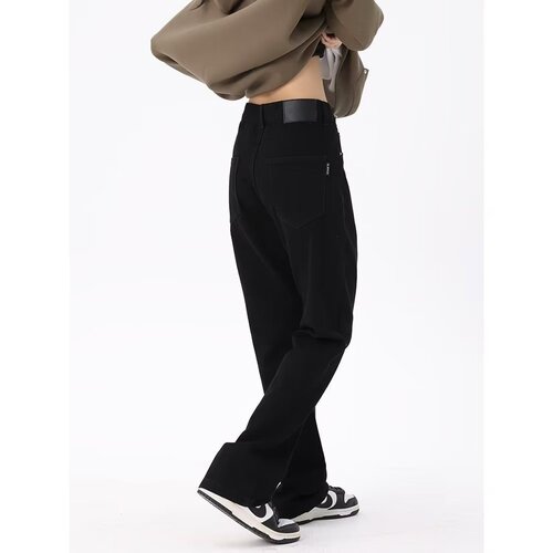 American Street High-Street Black Denim Straight-Leg Pants for Men and Women, National Trend Versatile Straight Leg Basic Slimming Pants