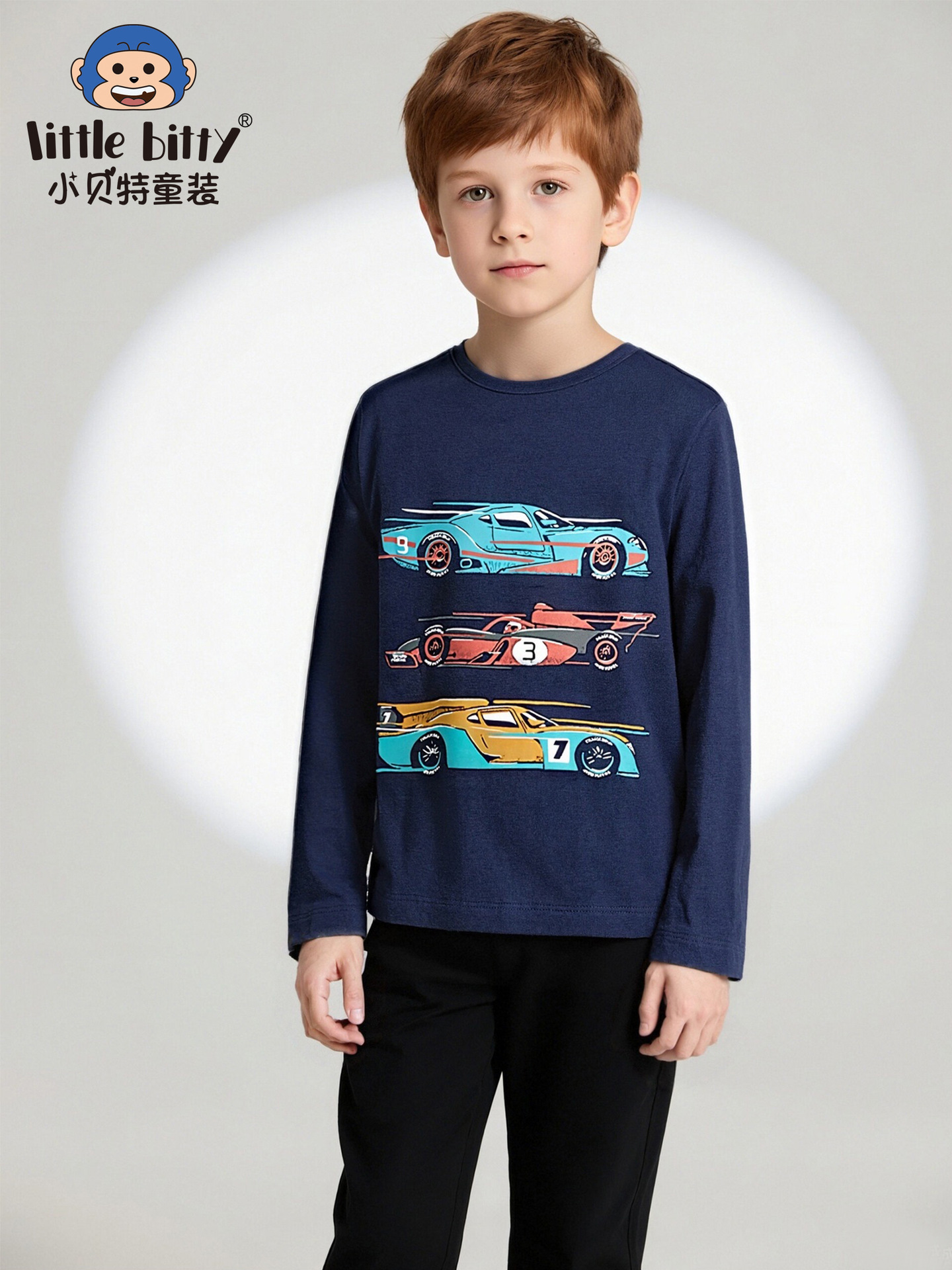 European and American 25-Year-Old Autum Boys' Long-Sleeved T-Shirts Cartoon Car Print Round Neck Knitted Tops in Stock Cross-Border Export