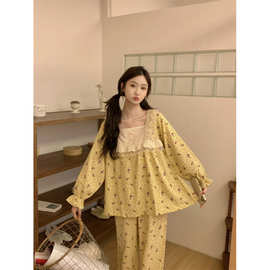 外贸批发2026春季睡衣长袖碎花甜美可外穿棉质韩版家居服套装女