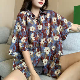 复古港味短袖花衬衫女设计感小众夏威夷夏季宽松衬衣休闲百搭上衣