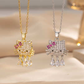 跨境外贸新款设计KT猫咪吊坠项链微镶锆石铜镀18金饰品百搭锁骨链