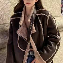 皮毛一体机车服女2024冬颗粒绒仿羊羔毛PU皮衣短棉服外套翻领夹克