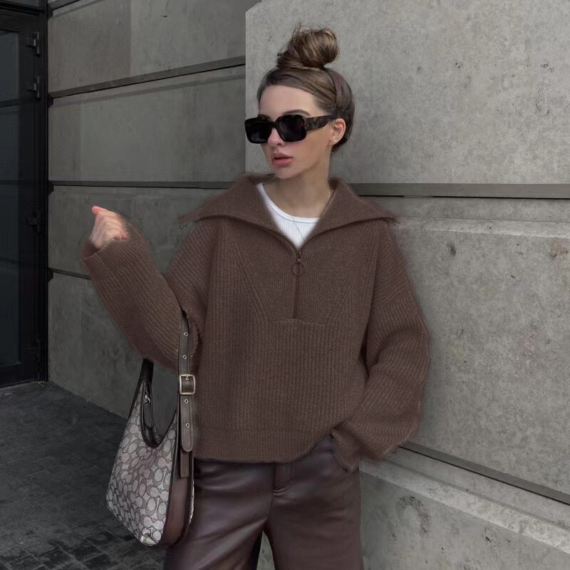 Loose Casual Pullover Knitwear Top Autumn and Winter New Korean Style Simple Lazy Style Half-Zip Stand-Up Collar Jacket for Women Loose Casual Pullover Knitwear Top Autumn and Winter New Korean Style Simple Lazy Style Half-Zip Stand-Up Collar Jacket for Women