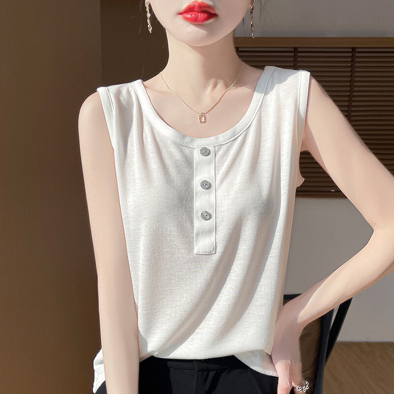 Big Brand 2025 Summer Thin Women's Sleeveless Knitwear Button T-Shirt Elegant Versatile Round Neck Short-Sleeved Women's Clothing