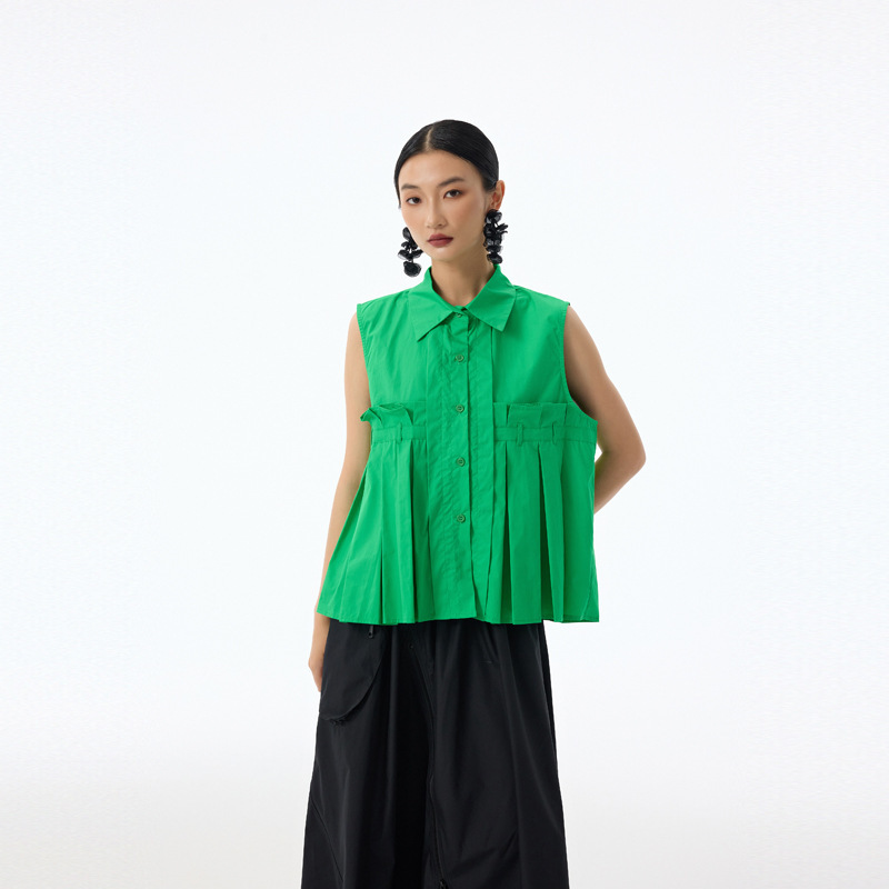 High-End European-Style Summer New Design, Niche Pleated Patchwork Loose Fashion Sleeveless Collared Shirt Top High-End European-Style Summer New Design, Niche Pleated Patchwork Loose Fashion Sleeveless Collared Shirt Top