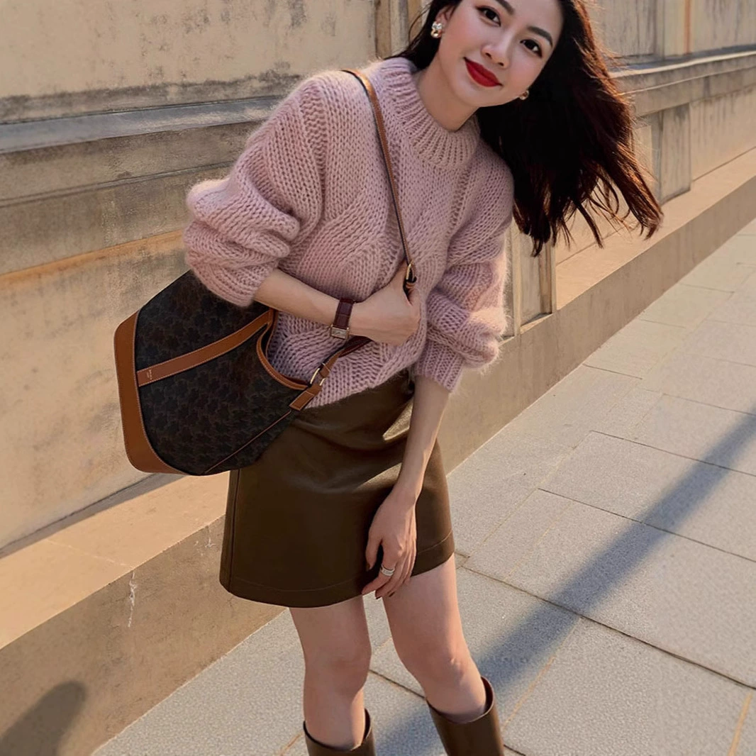 Круглый вырез с цветком конопли, толстая игла 2025, весна, осень и зима, однотонный свободный женский трикотаж, новый цветной пуловер с рукавами, трикотаж для женщин