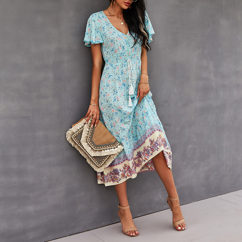 drawstring flower bohemian casual dress NSKA37622