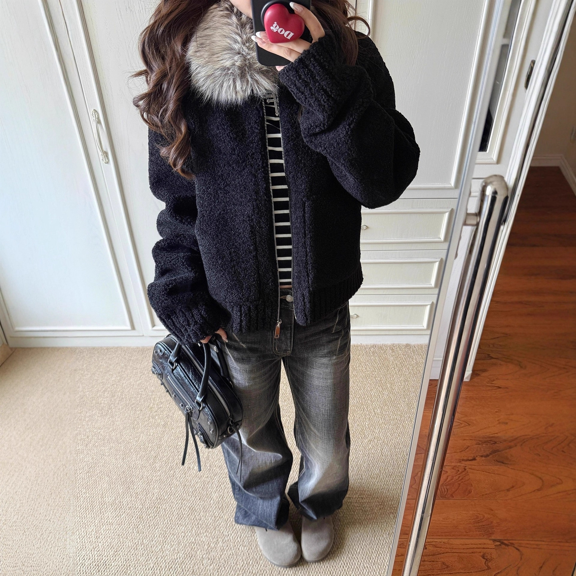 新款皮草毛外套女500克秋冬季皮毛一体毛领黑色小颗粒加厚