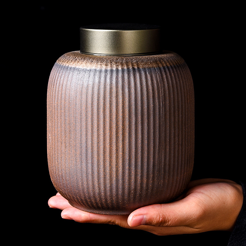 Retro Gold Plated Tea Canister Large Ceramic Tea Storage Canister Sealed Canister Rough Pot Kiln-Burned Storage Canister Tea Barn