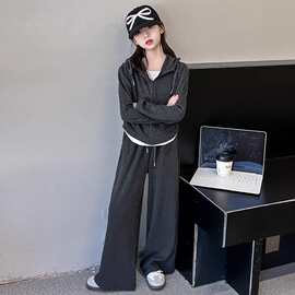 女童纯色拼接套装2025春秋装韩版新款连帽衫休闲运动直筒裤两件套