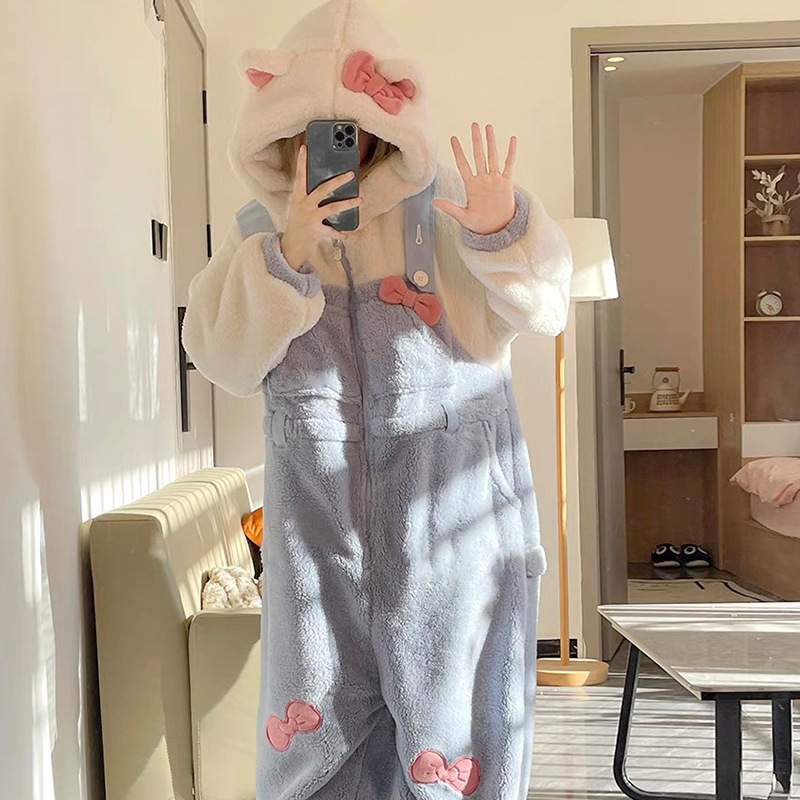 Cute Cartoon Coral Fleece Pajamas Women's Winter 2025 New fleece-lined Thickened Plush Home Clothes Winter Jompsuit