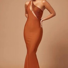 出口欧美性感无袖单肩高领带钻修身绷带礼服连衣裙 party dress