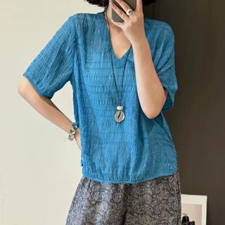 26夏季简约知性特制泡泡皱桑蚕丝V领上衣松弛显瘦短袖小衫72