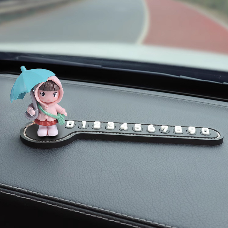 Tarjeta de estacionamiento temporal para automóvil, placa de número de diamante, movimiento de automóvil, placa de teléfono, paraguas, niña de dibujos animados, mujer