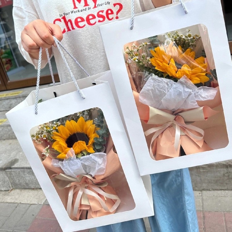 开窗袋透明橱窗手提袋创意礼品开窗纸袋鲜花花束包装袋手提袋现货