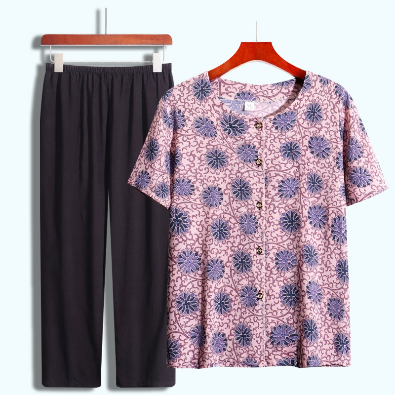 Middle-aged and elderly grandma's summer shirt old lady's summer women's clothes old man's clothes mother's shirt top set