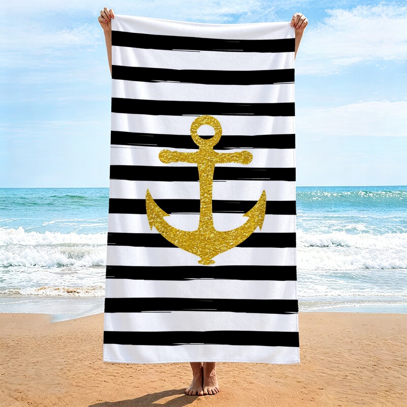 Millions of Ready-Made Black and White Striped Gold Glitter Anchor Nautical Quick-Dry Beach Towels, Absorbent Bath Towels, Direct from the Factory, Customizable