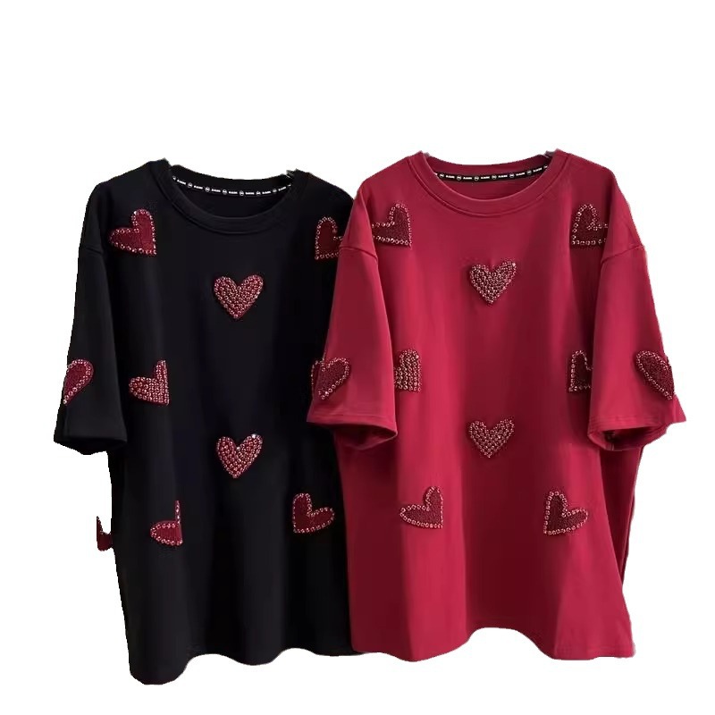 超大サイズ2-300斤太ったmm春重工立体愛タオル刺繍半袖tシャツ女性釘珠ゆるい上着