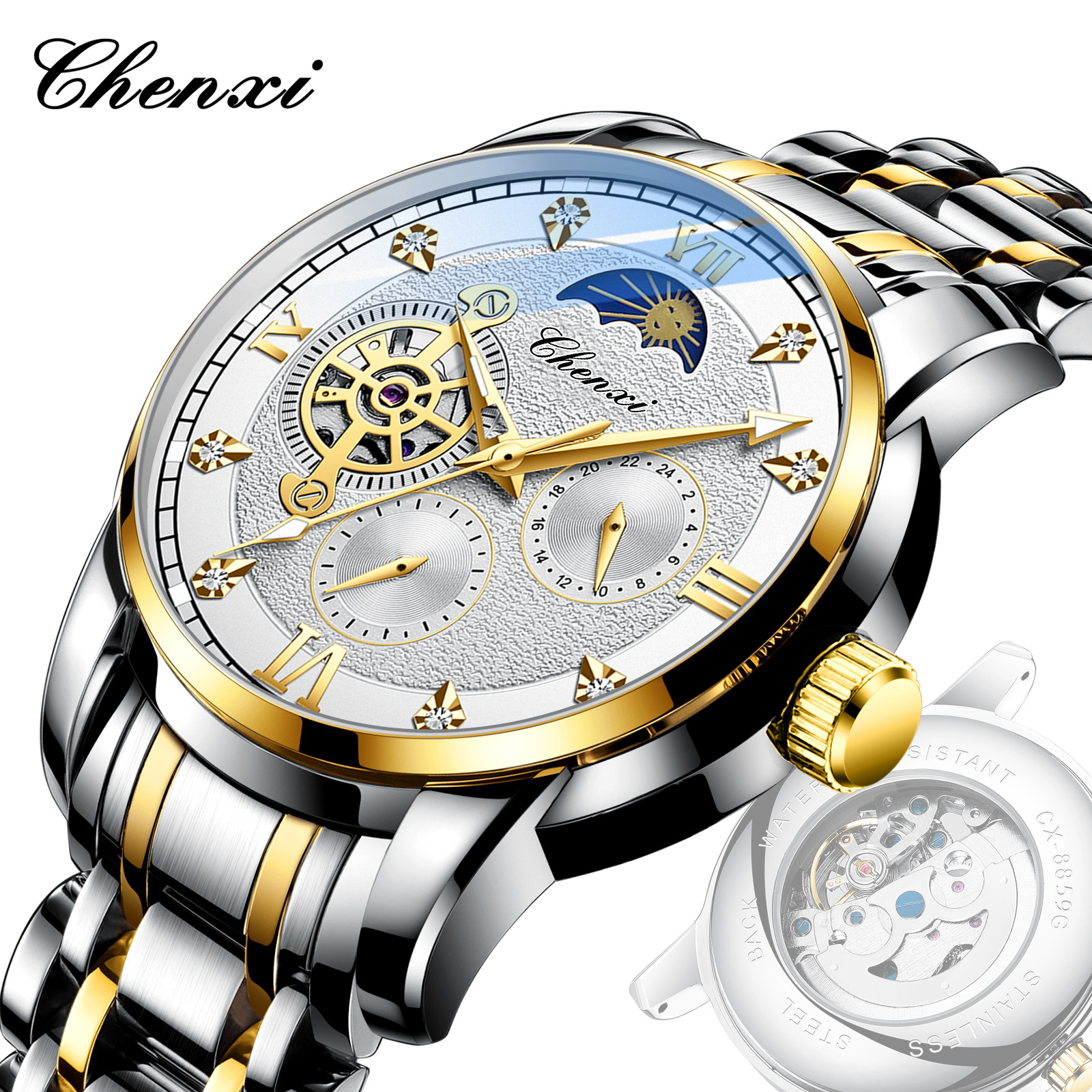 CHENXI watch men's mechanical watch moon phase new butterfly buckle steel belt automatic mechanical watch wholesale factory