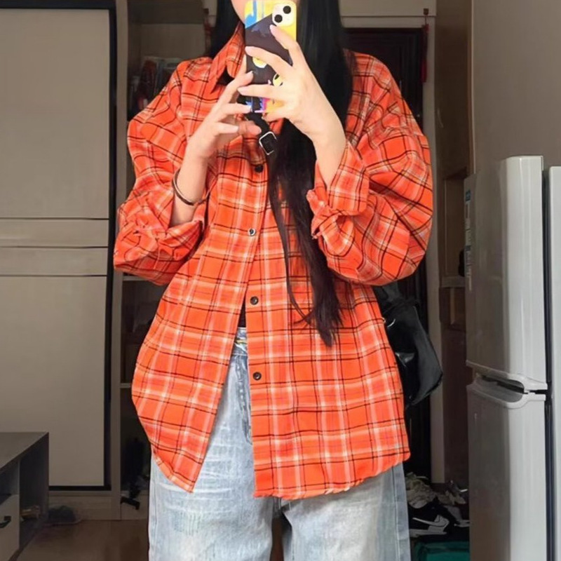 American Retro Orange Plaid Long-Sleeved Shirt for Women, Loose and Versatile, Casual and Versatile, High Street New Couple Shirt Jacket American Retro Orange Plaid Long-Sleeved Shirt for Women, Loose and Versatile, Casual and Versatile, High Street New Couple Shirt Jacket