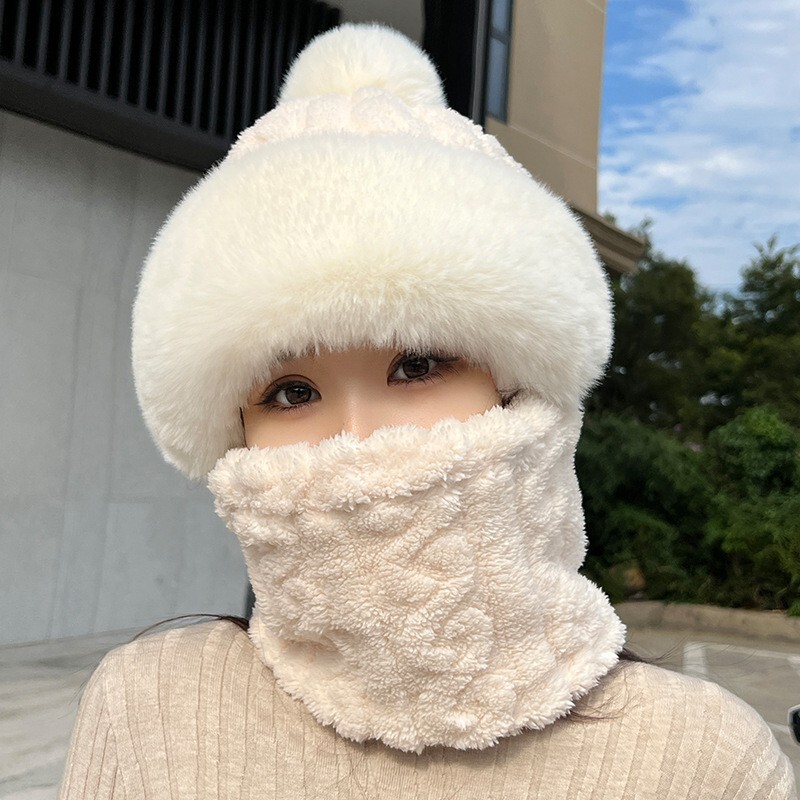 帽子女冬季围脖一体雷锋帽护耳防风保暖包头帽毛绒加厚骑车套头帽|undefined