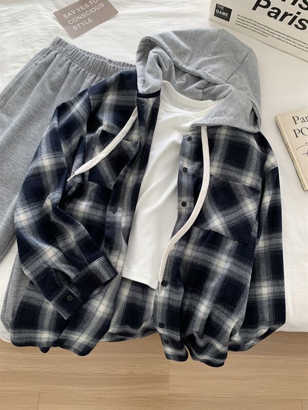 Fashionable retro plaid pocket hooded shirt jacket for women, new autumn and winter loose oversized casual cardigan shirt Fashionable retro plaid pocket hooded shirt jacket for women, new autumn and winter loose oversized casual cardigan shirt