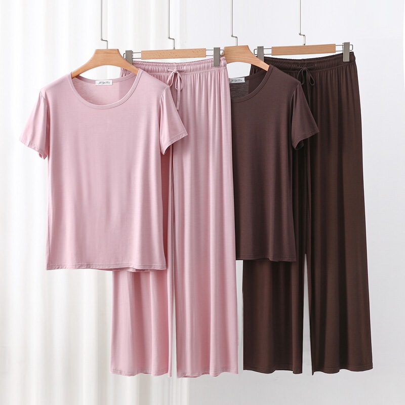 Plus-Size Round-Neck Pajamas for Women, Summer Short-Sleeve Long Pants, Thin Modal New Home Wear Set, Can Be Worn Outside