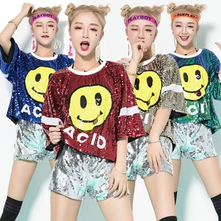 DS performance costume new street dance costume hip hop loose DJ shiny piece jazz T-shirt short sleeve top