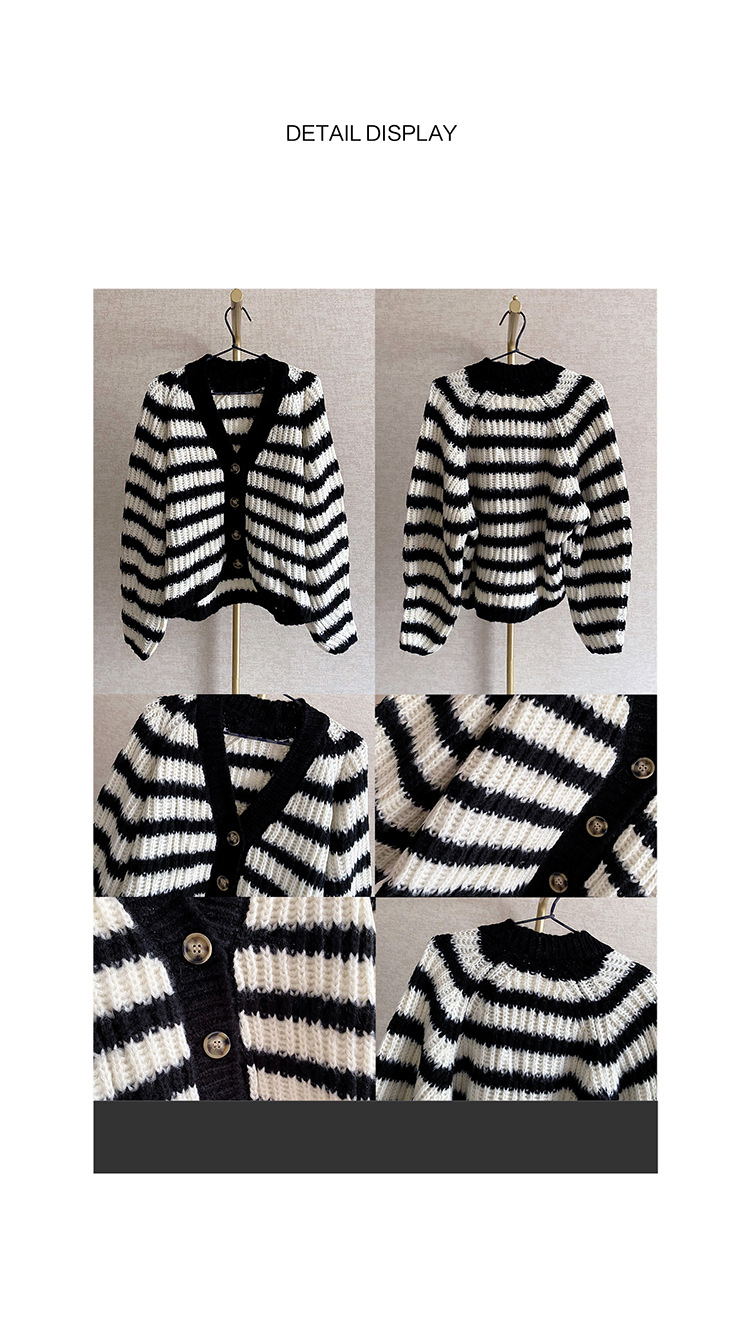 

韩国东大门毛衣外套女 2022新款慵懒洋气拼色条纹V领大码针织开衫